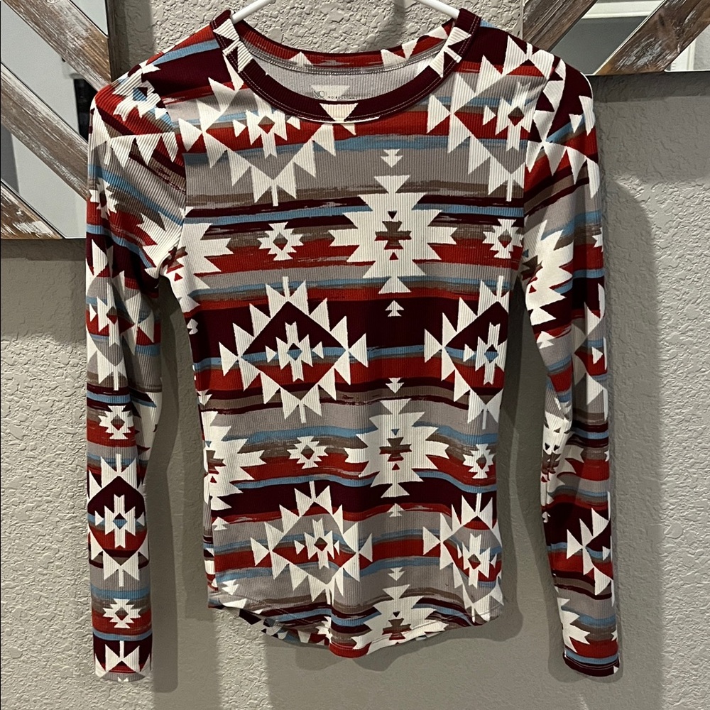 Southwestern Long Sleeve Top - Red, White, Gray